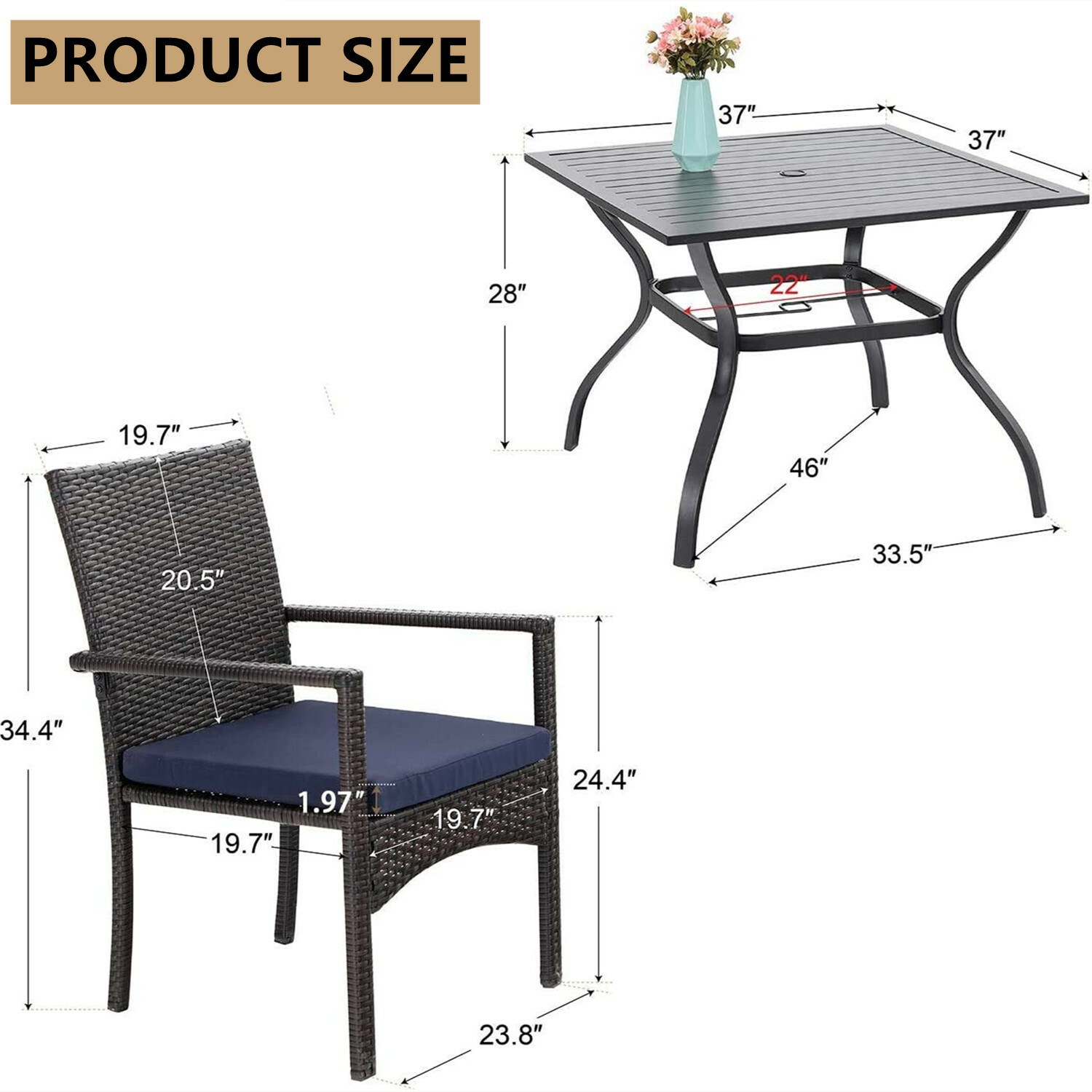 Rattan Furniture Sets Patio Chairs Metal Outdoor Table Square for 4 Person Party