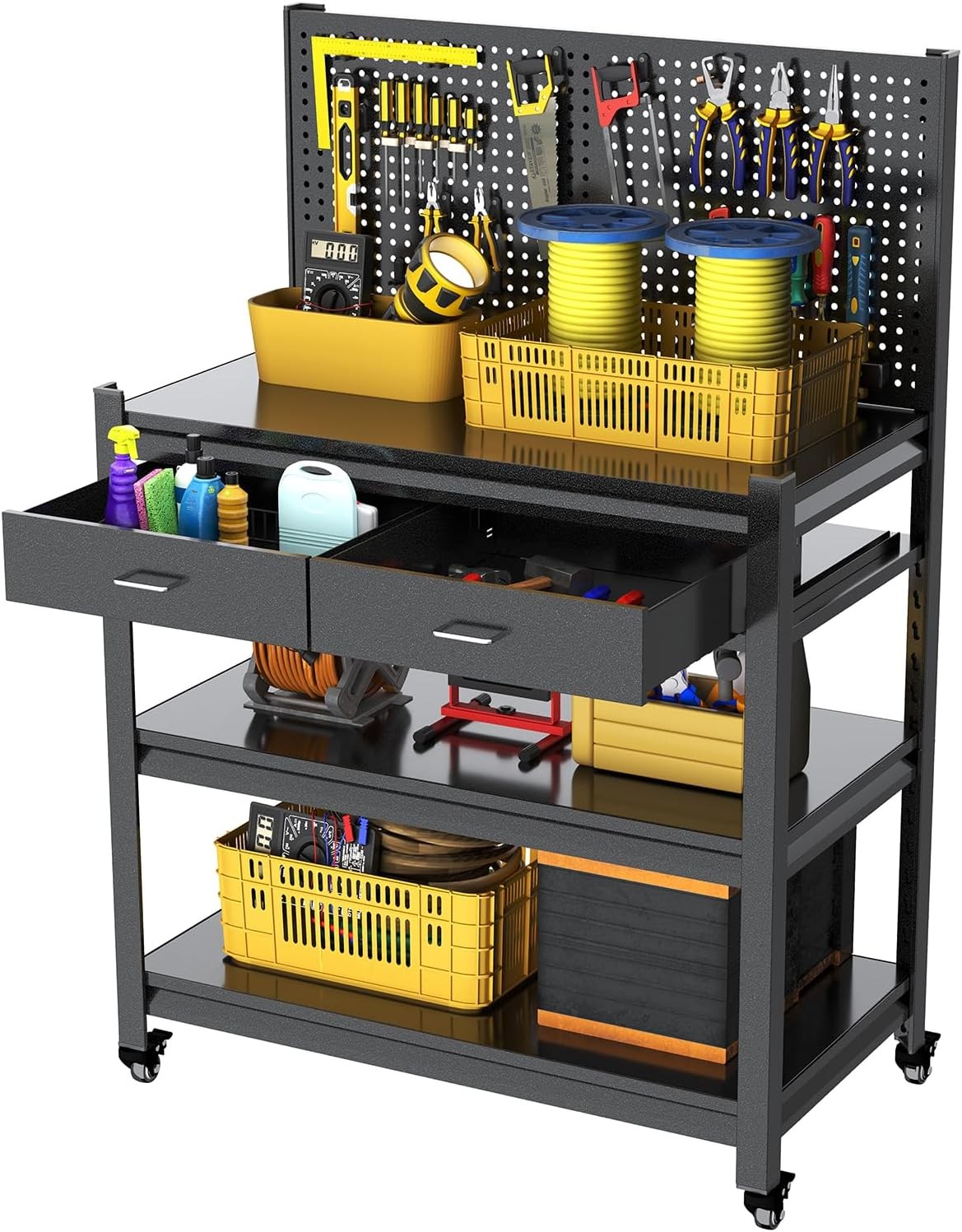 Workbench W/ Pegboard & Drawer Adjustable Shelving Work Table Mobile Workstation