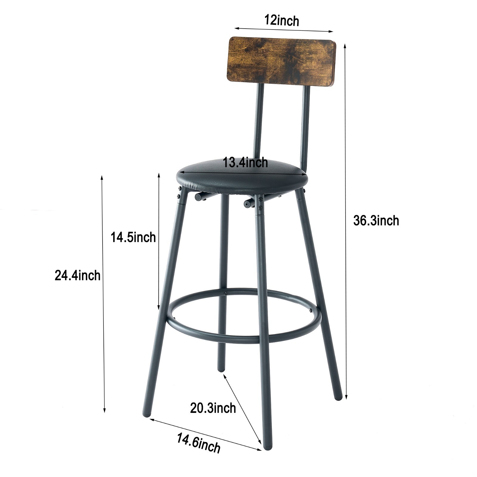36" Round Bar Table & Upholstered Stool Set with Shelf, Rustic Brown