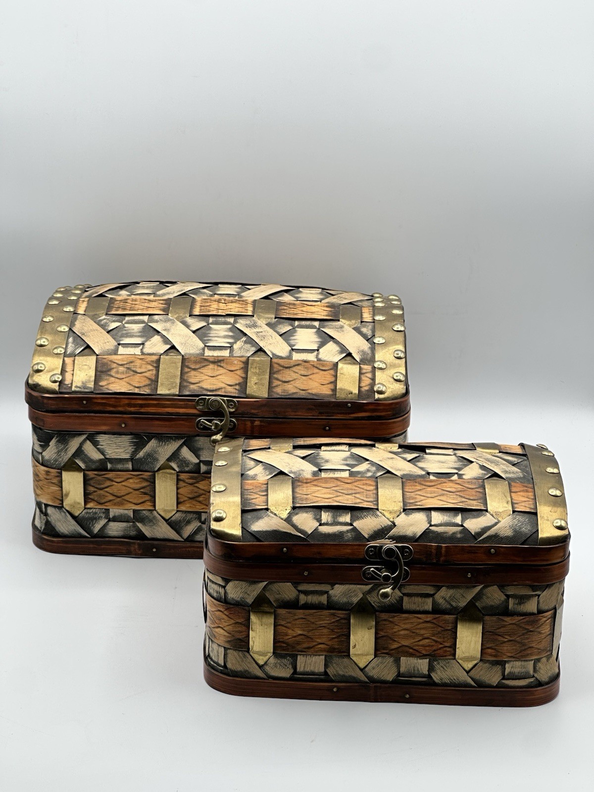 Woven Nesting Storage Chest Set Wood And Brass With Swing Hasps