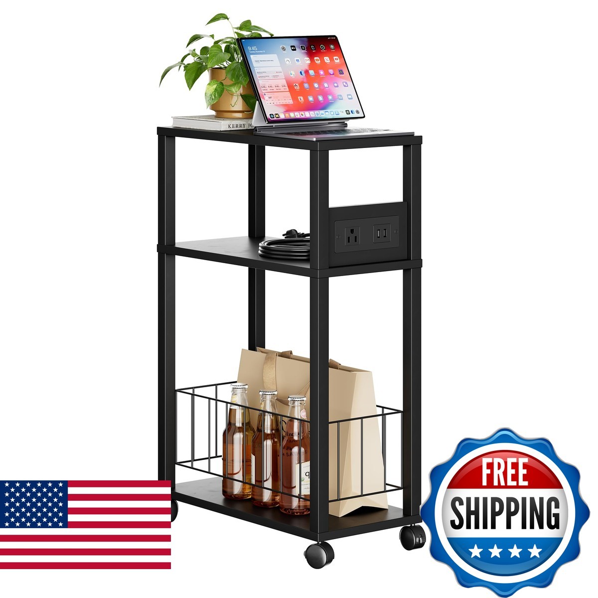 DGSANDGO Rolling Side Table Wheels, Narrow End Table Charging Station SDBK08