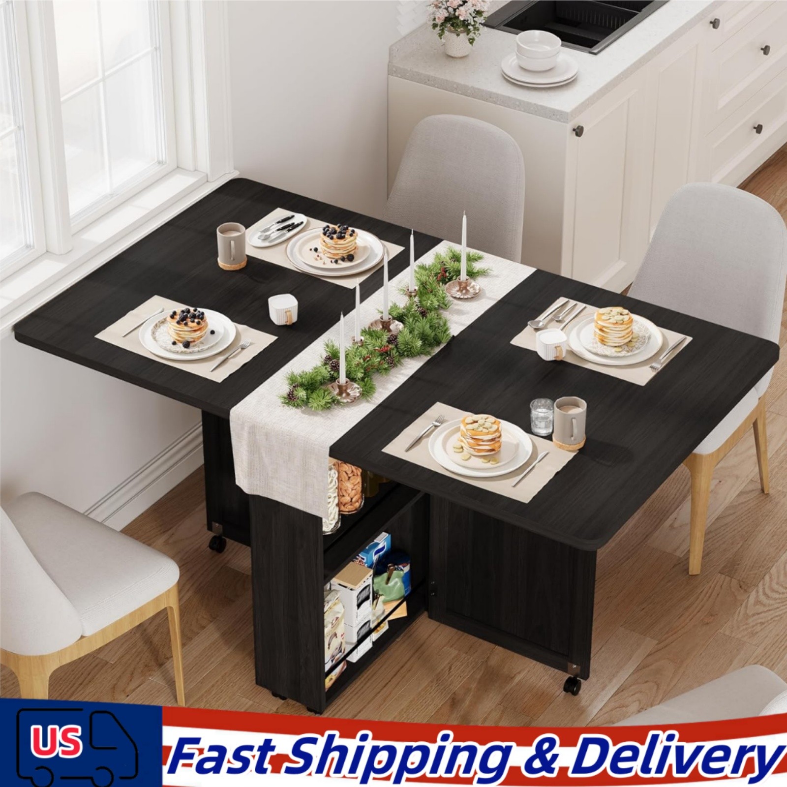 Folding Dining Table with 6 Wheels Storage Racks for Small Kitchen Saving Space