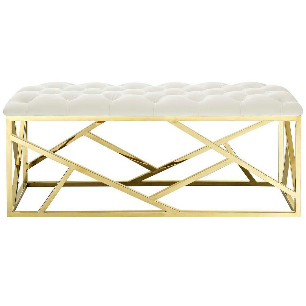 Velvet Button Tufted Bench Gold Stainless Abstract Base-Blue Black Gray Ivory