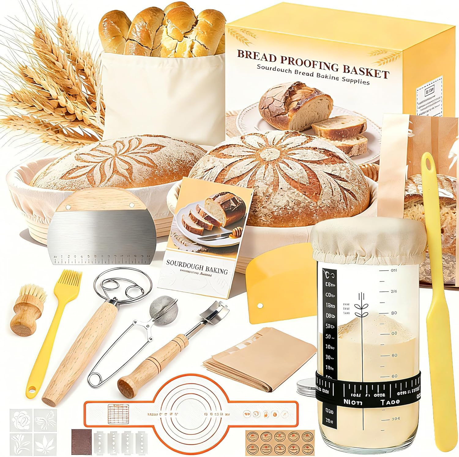 Sourdough Bread Baking Kit Banneton Basket Starter Jar Tools Complete Set