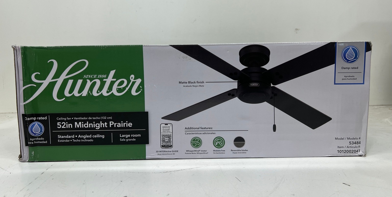 Hunter Midnight Prairie 52 in. Indoor/Outdoor Matte Black Ceiling Fan New