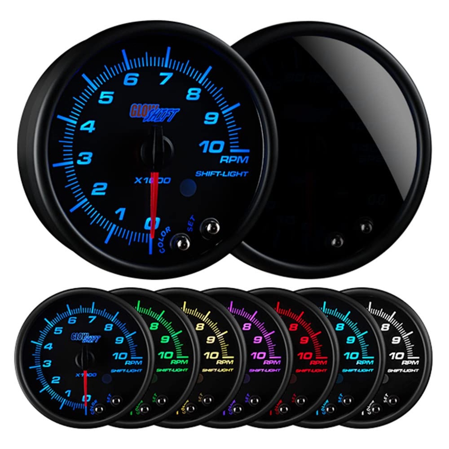 GlowShift Tinted 7 Color 10,000 RPM Tachometer Gauge - for 1-10 Cylinder Gas ...