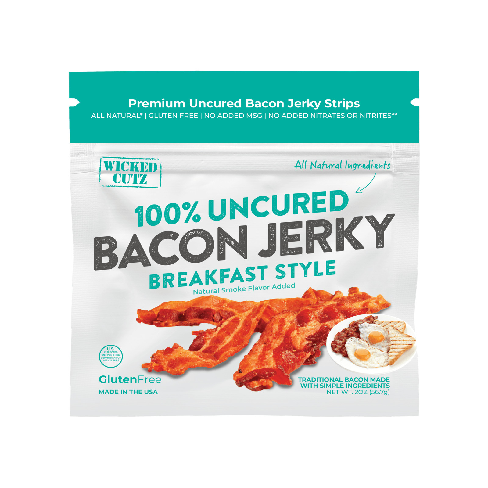 Premium Uncured Tender Bacon Jerky Breakfast Style 14g Protein 2 oz Bag