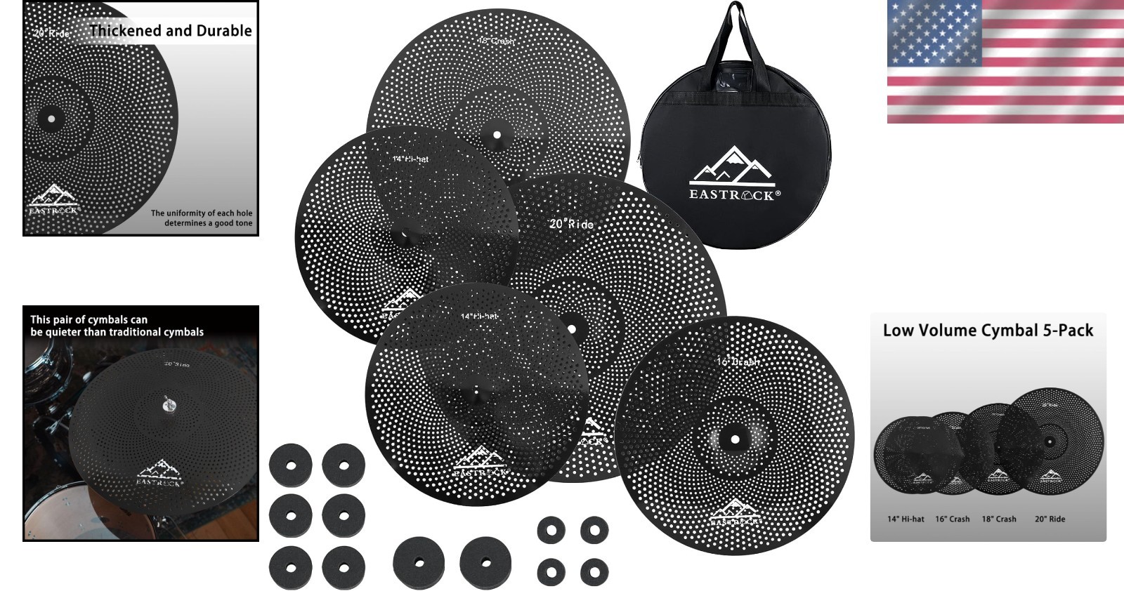 Silent Cymbal Set: 5-Piece Drum Pack for Practice & Performance - Black Finish