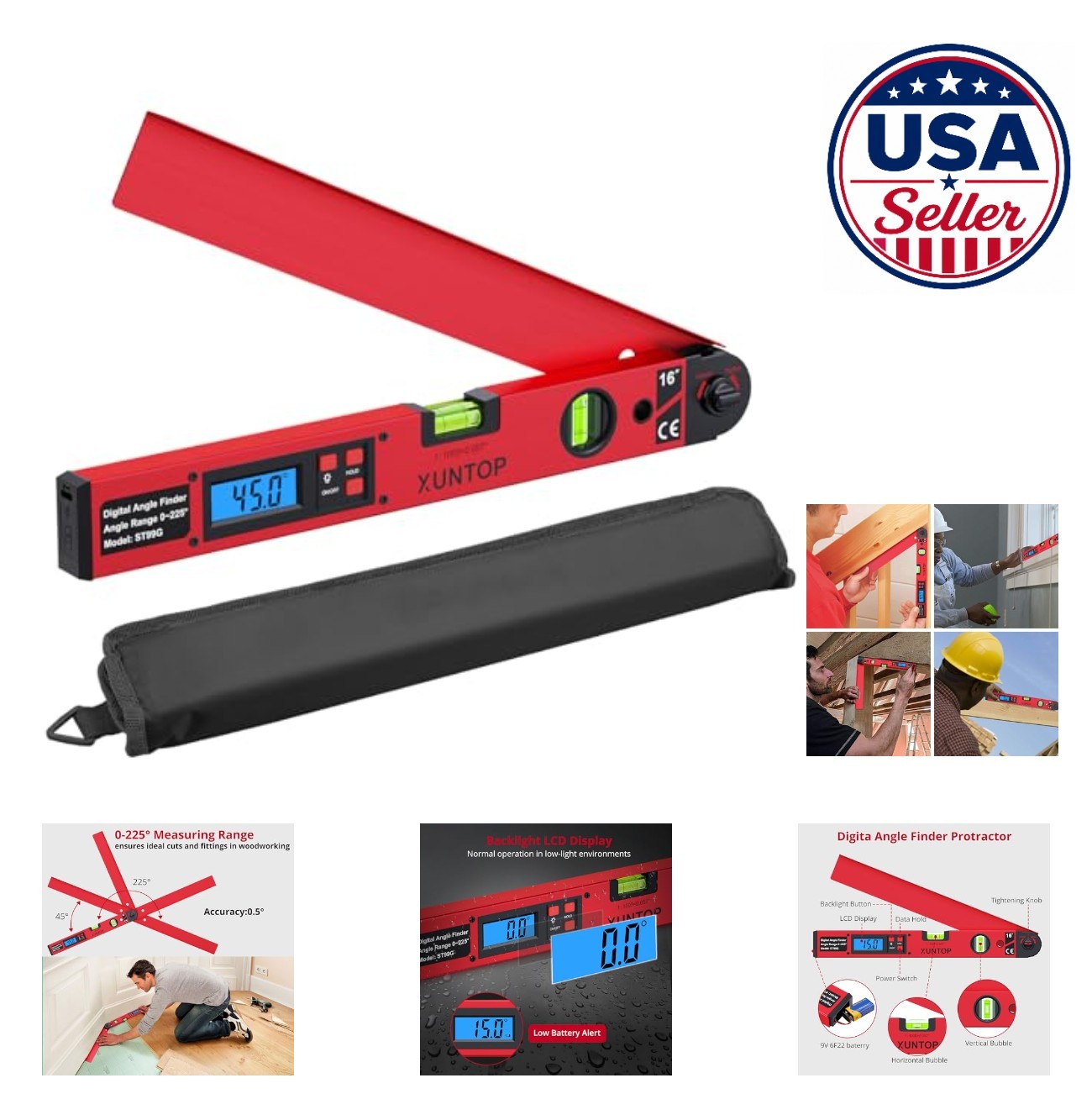 Digital Angle Finder 16 Inch 0 to 225 Degree Aluminum Protractor LCD Display