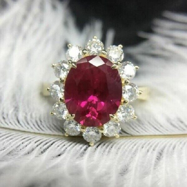 3Ct Lab Created Ruby Diamond Pretty Halo Engagement Ring 14K Yellow Gold Finish
