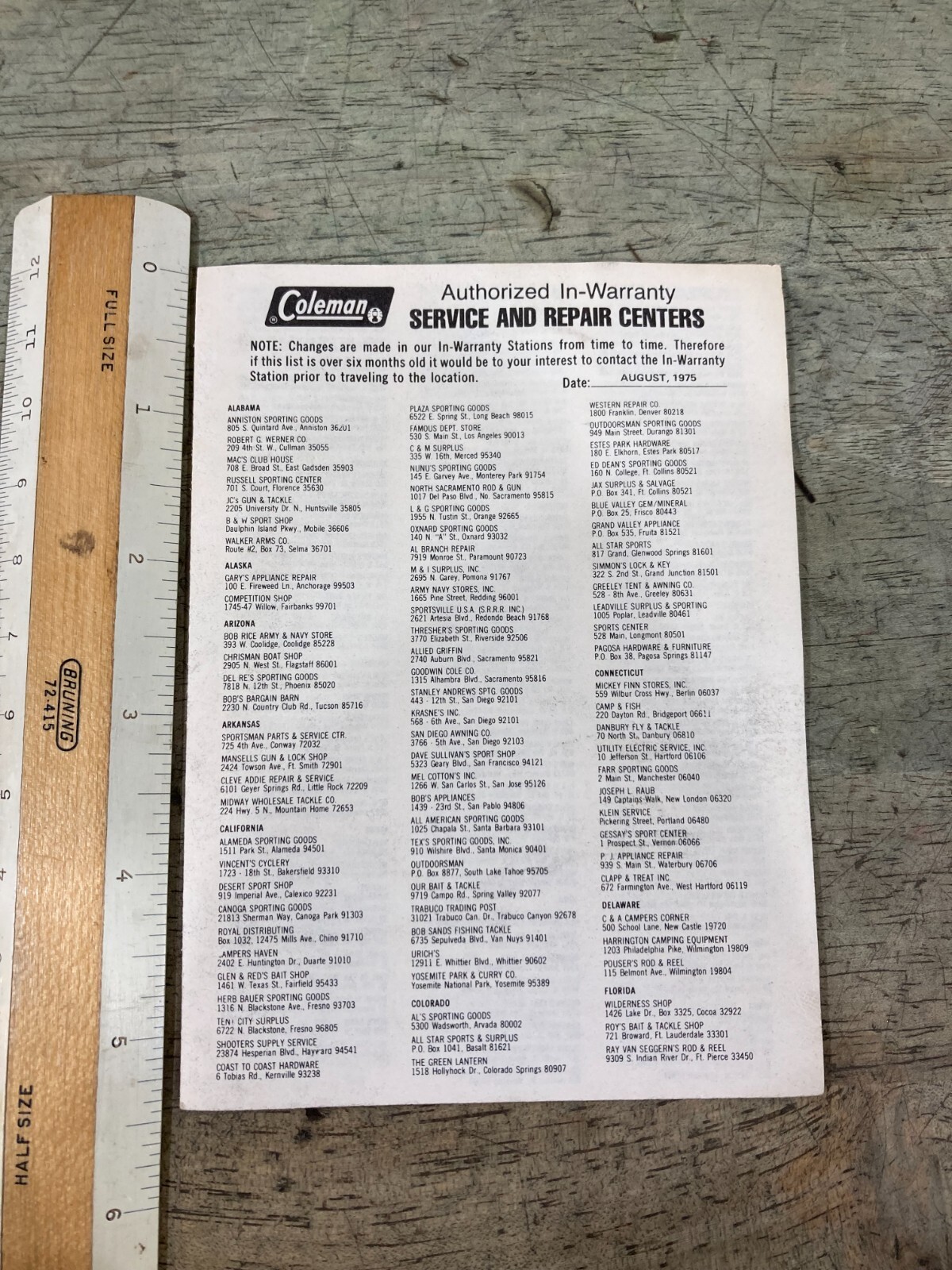 Coleman Service and Repair Centers Insert - Pamphlet
