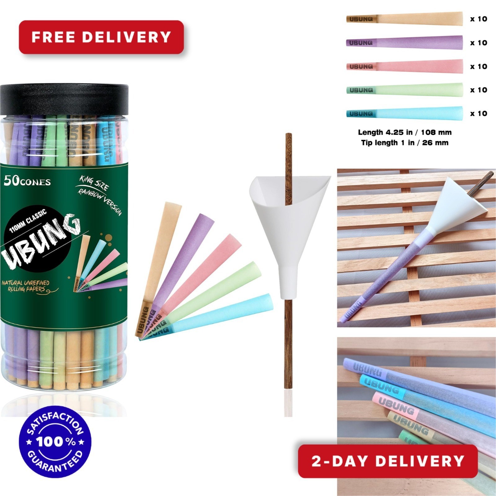 UBUNG Rainbow Cones 50 Pcs King Size Colorful Pre Rolled Paper