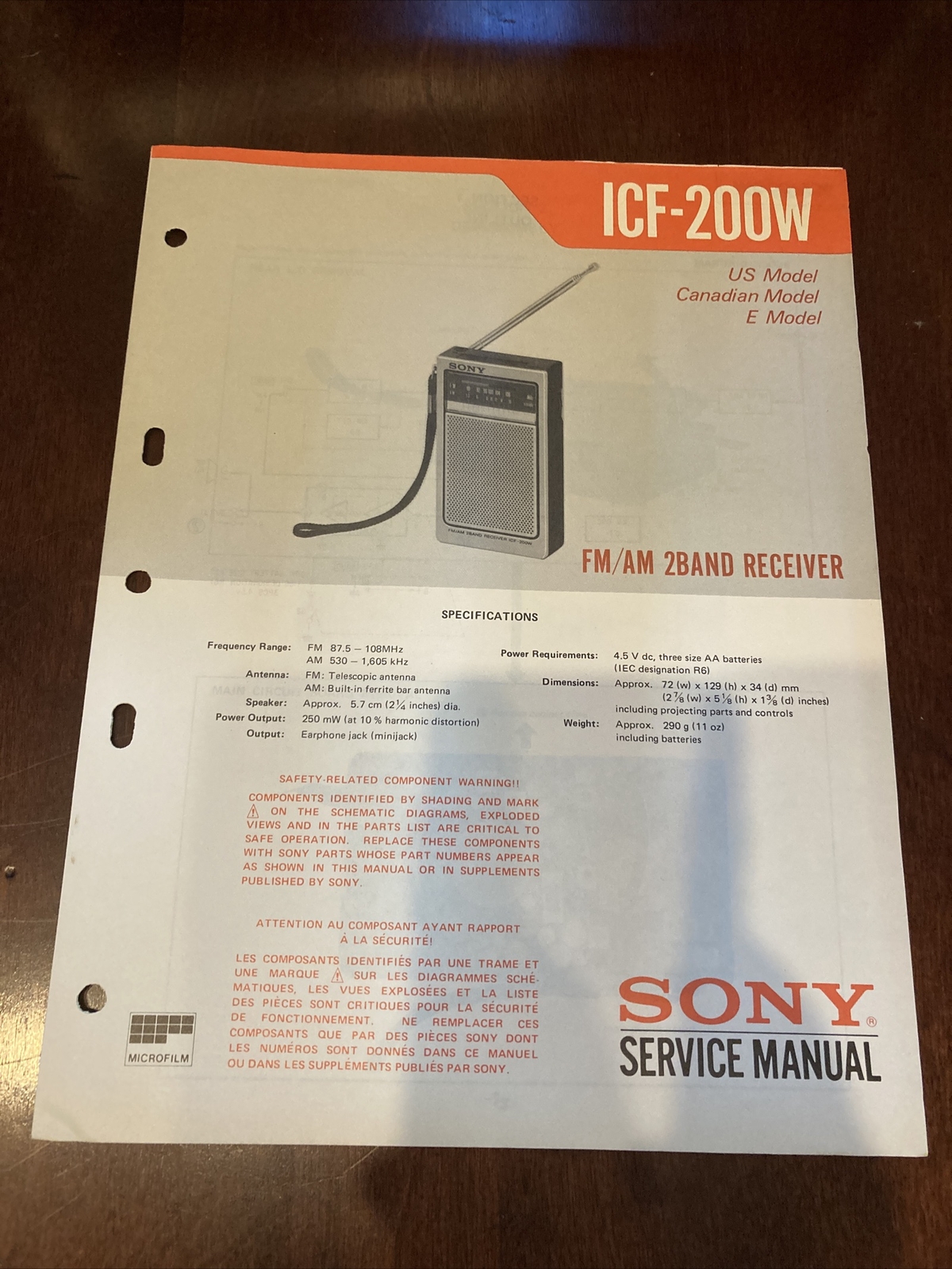 Original 1981 ICF-200W Sony Service Manual