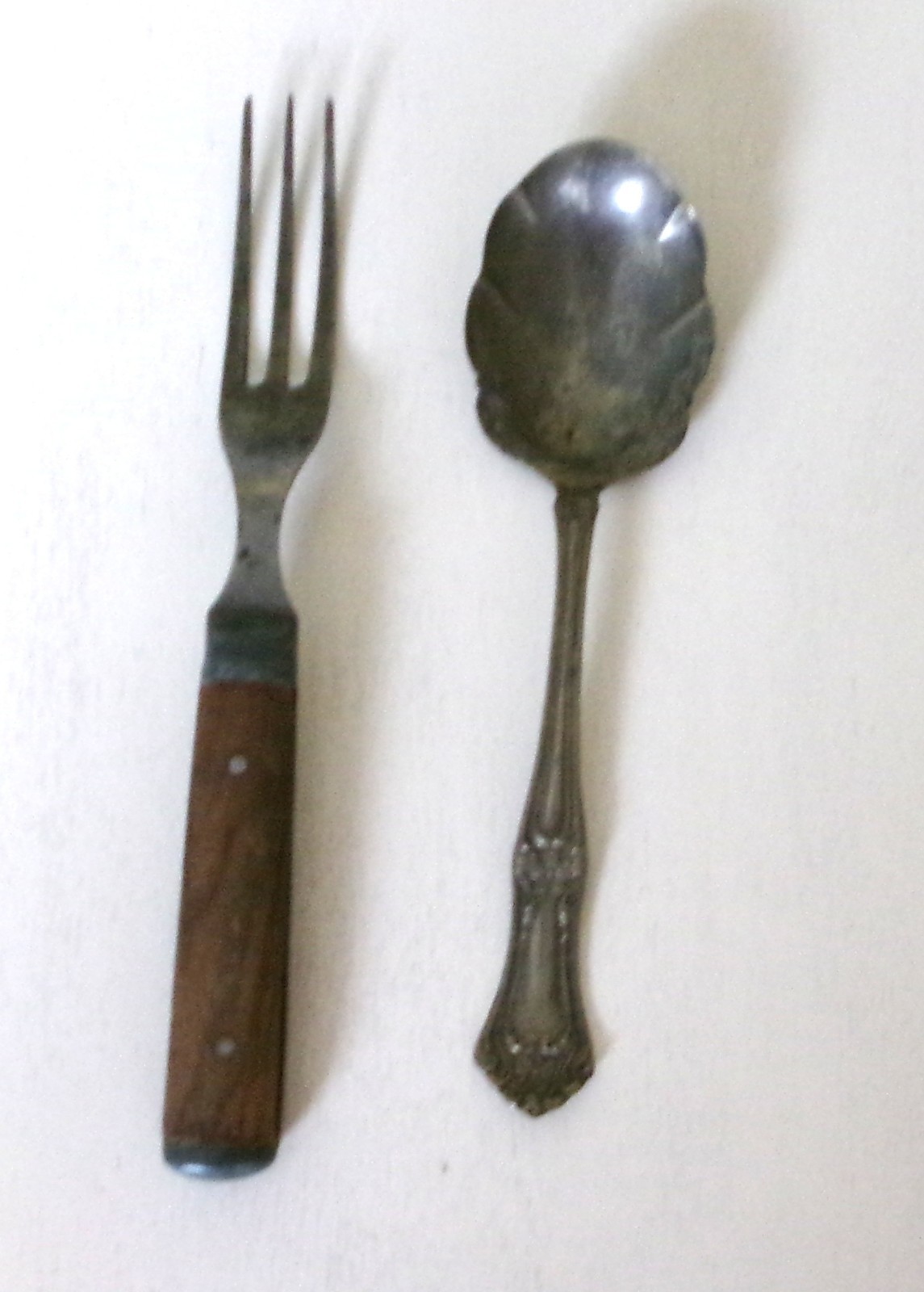 Old 3 Tine Wood Handle Metal Fork Antique 19th Century & Old  Metal Spoon