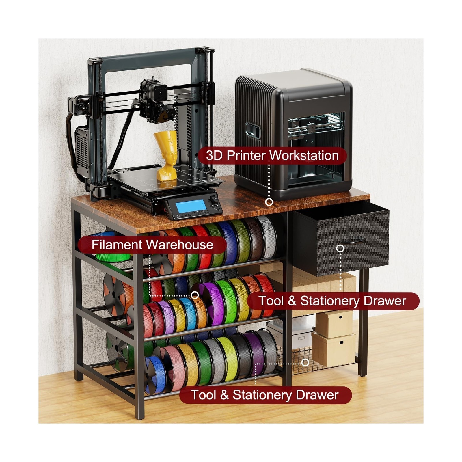 3D Printer Stand with Filament Storage Rack, 3D Printer Table with Power Outl