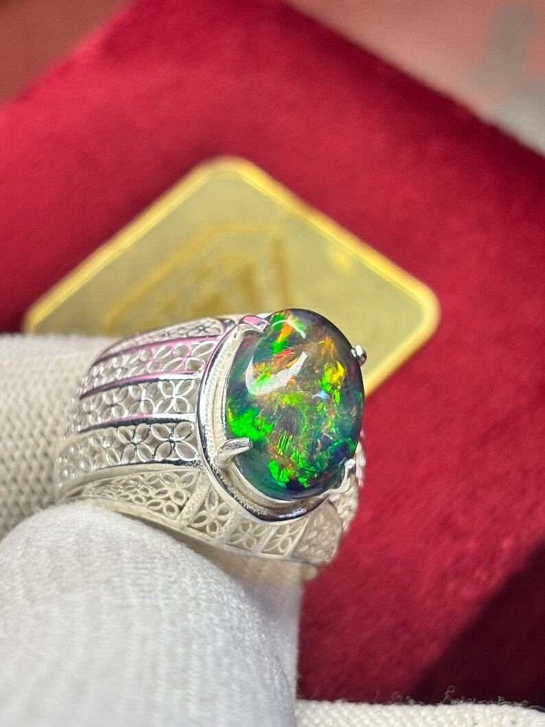 High Fire Natural Black Opal Ring, Fire Black Opal Men’s Ring, Ring For Men