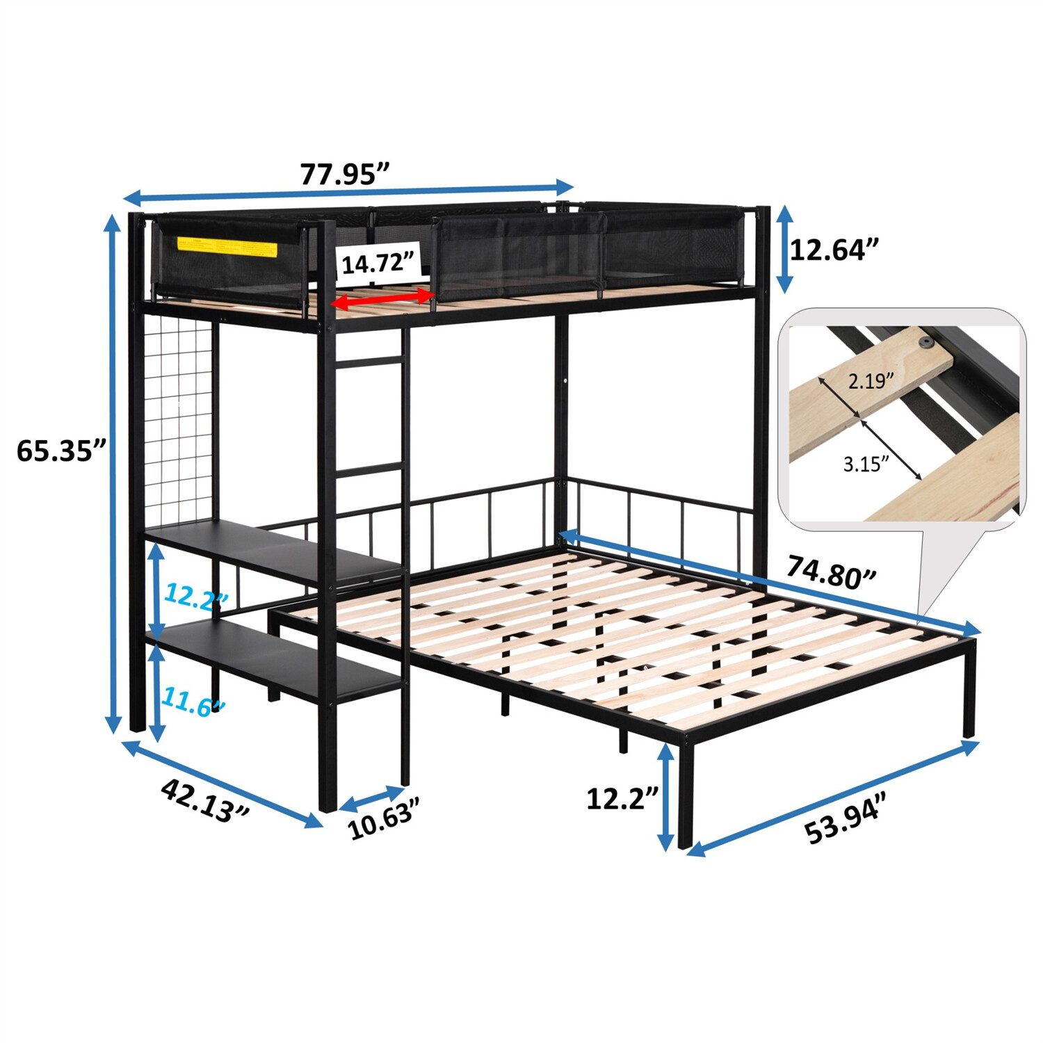 Twin Over Full Bunk Bed Metal Bed Frame with Storage Shelves Black US