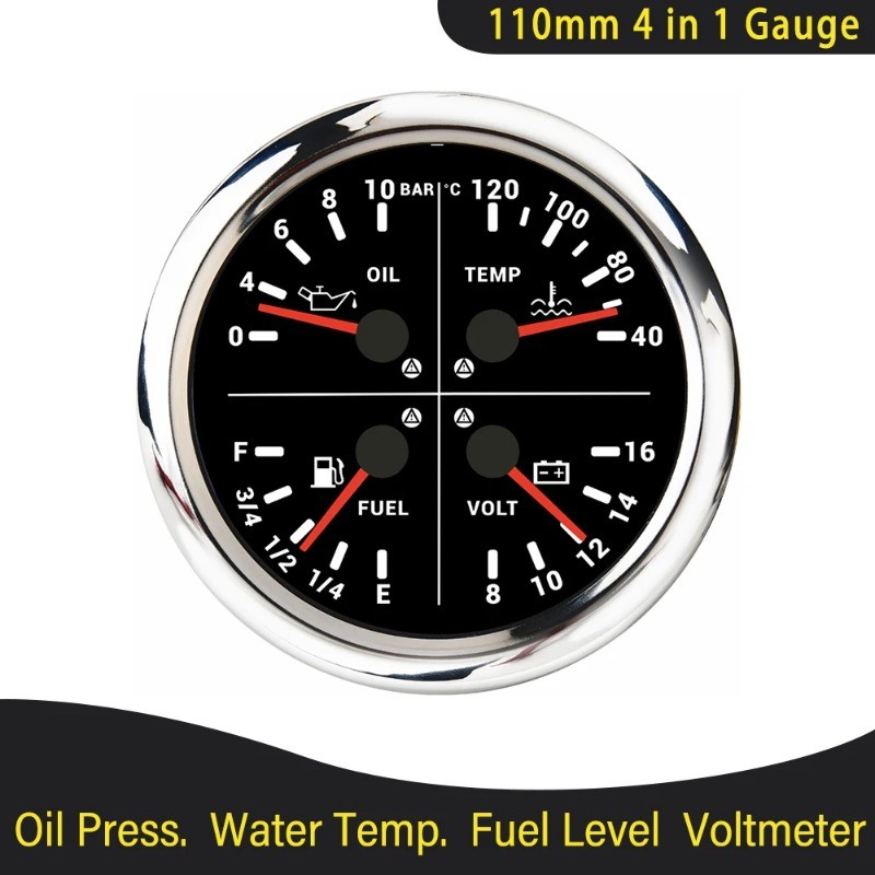 Waterproof 110mm 4-in-1 Gauge 0-10 Bar 0-150PSI Oil Pressure Water Temperature
