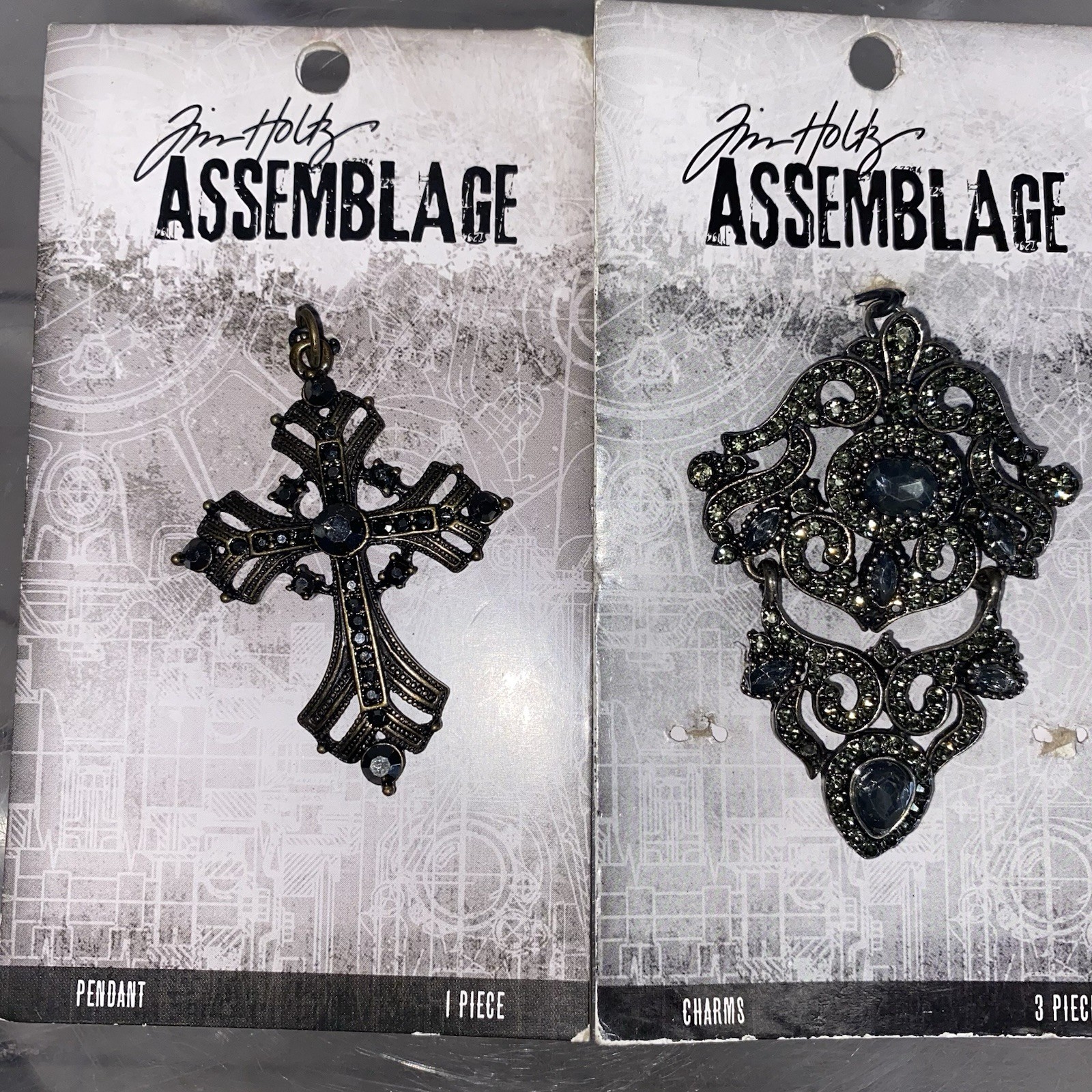 Tim Holtz Assemblage Pendants  Lot Of 2 Gunmetal Silver And Rhinestones
