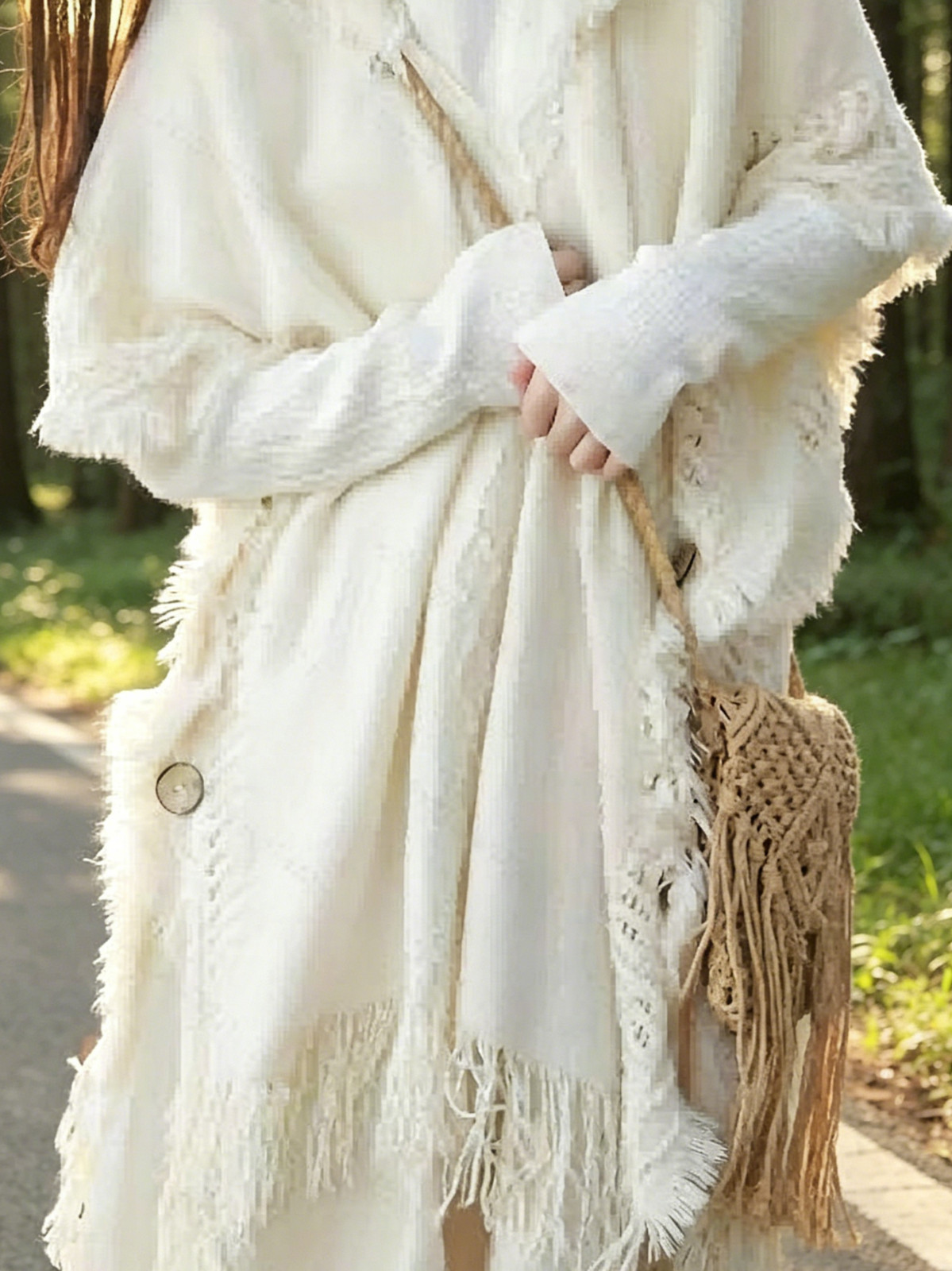 Poncho Trend Hooded Women Matching Buttons Tassels Beige Warm For Party Photo