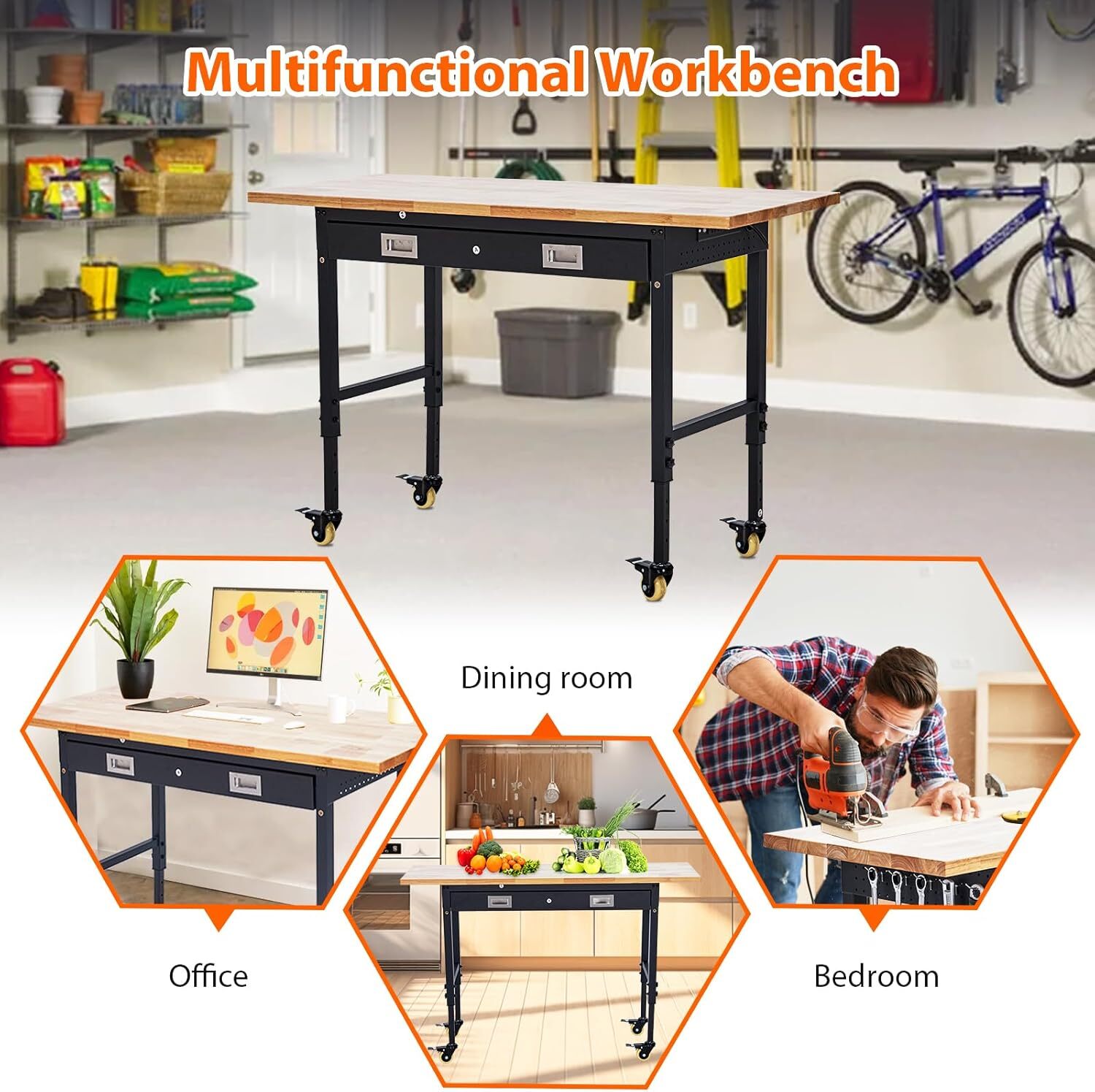 60" Adjustable Workbench with Drawer Storage, Adjustable Height Worktable Wood