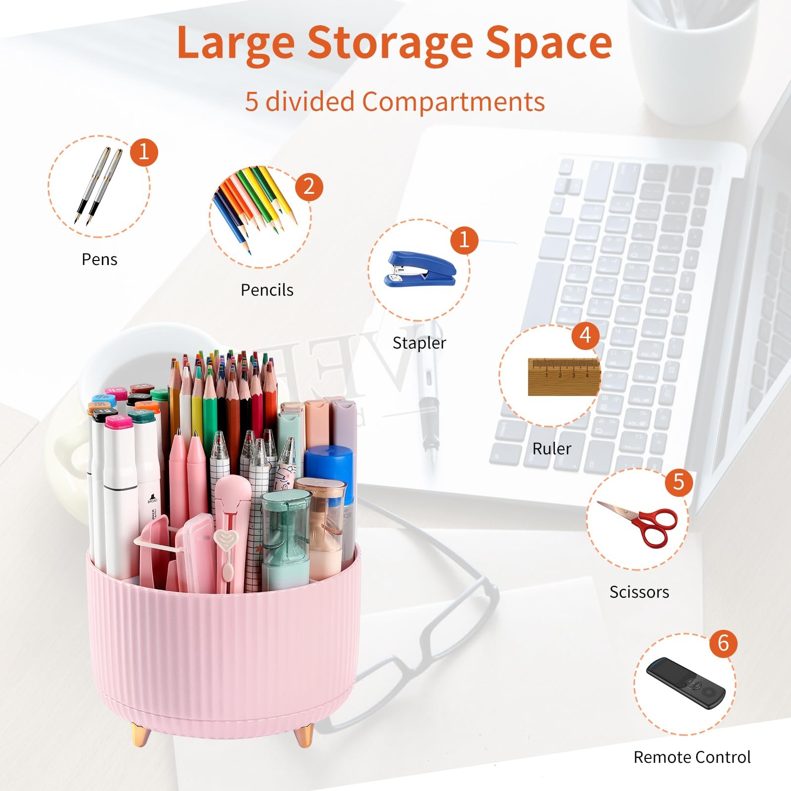 Desk Pencil Pen Holder, 5 Slots 360°Degree Rotating Organizers for Desk, Desk...