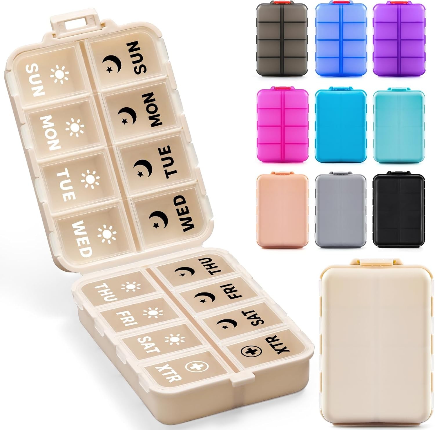 Foldable Weekly Pill Organizer 2 Times a Day with 2 Extra Compartments (