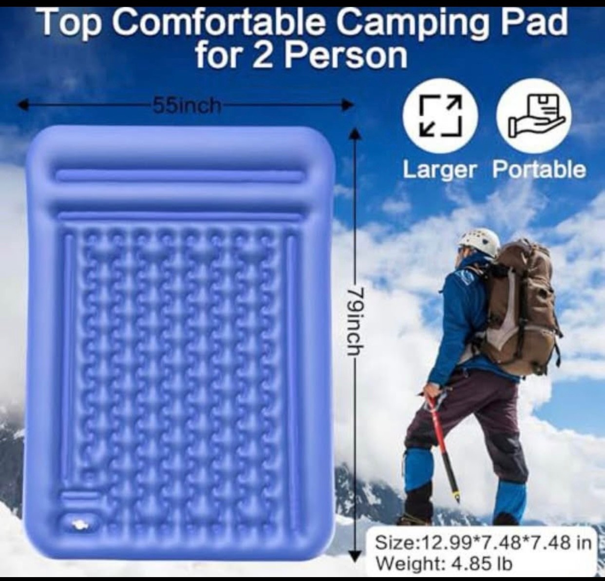 Double Sleeping Pad Camping, Self Inflating 6'' Extra-Thick 2 Person Pillow Buil