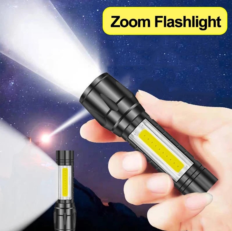 2pcs Mini LED Flashlight COB Side Light Zoomable USB Rechargeable Portable Torch