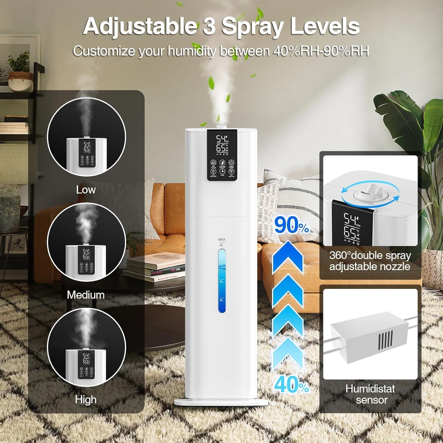 Smart Humidifier 2.1Gal, Wi-Fi App, Quiet, 1800 Sq Ft, 8L Tank, White