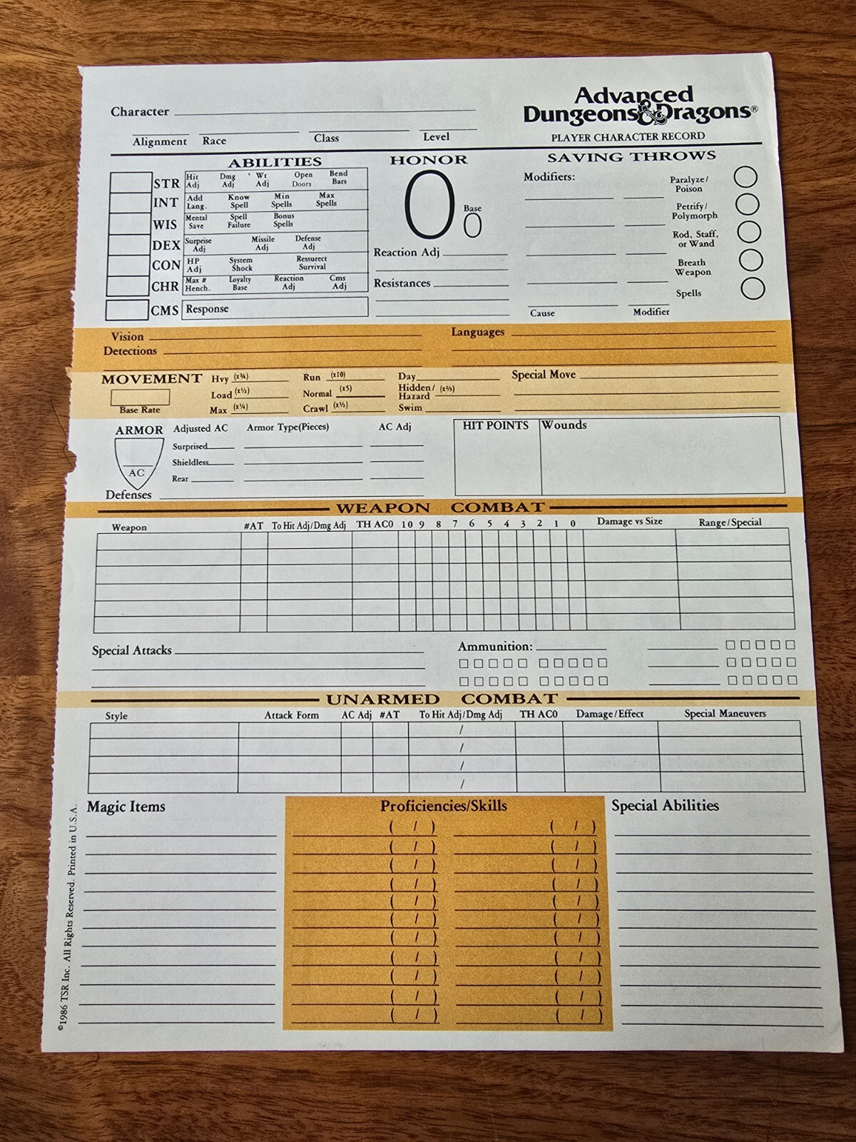 AD&D 1st Edition REF2 Player Character Record Sheet Singles TSR