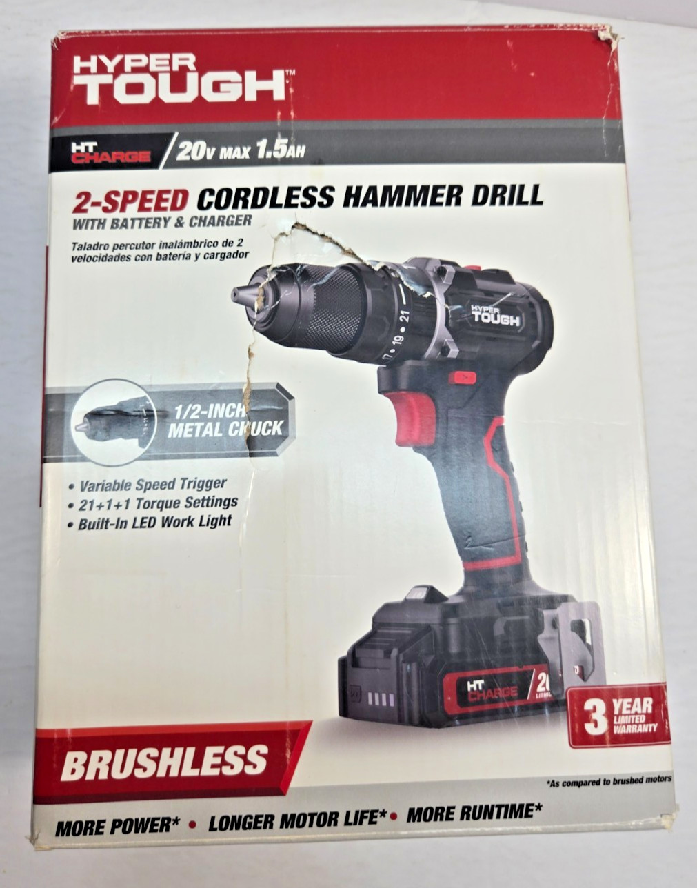 Hyper Tough 20V Max Brushless 2-Speed Cordless Hammer Drill W/BATTERY #80045