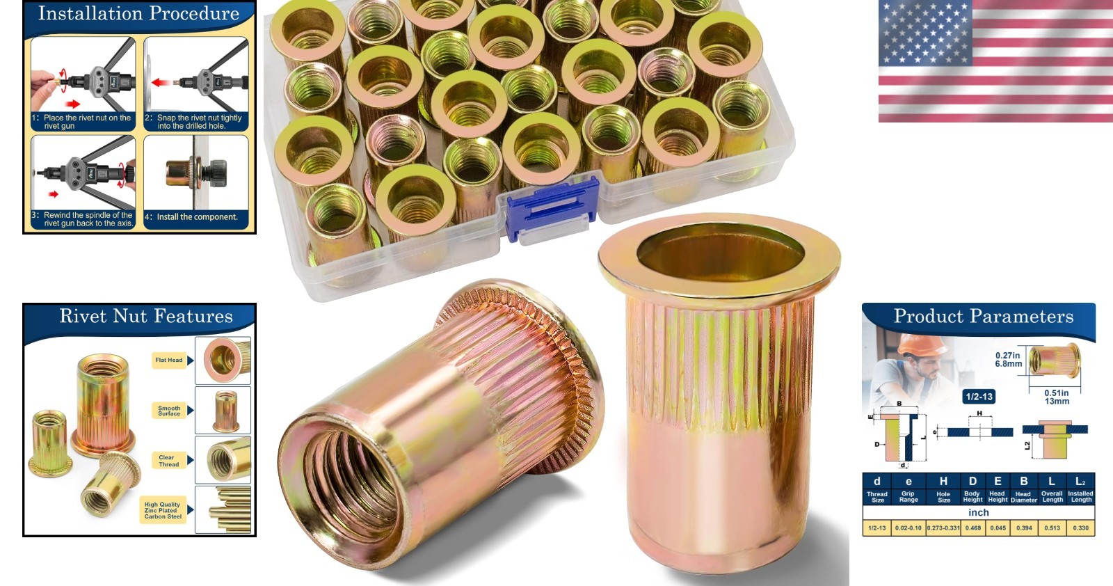 Professional Quality 1/2''-13 UNC Rivet Nut Kit - 19 pcs Corrosion-Resistant Set