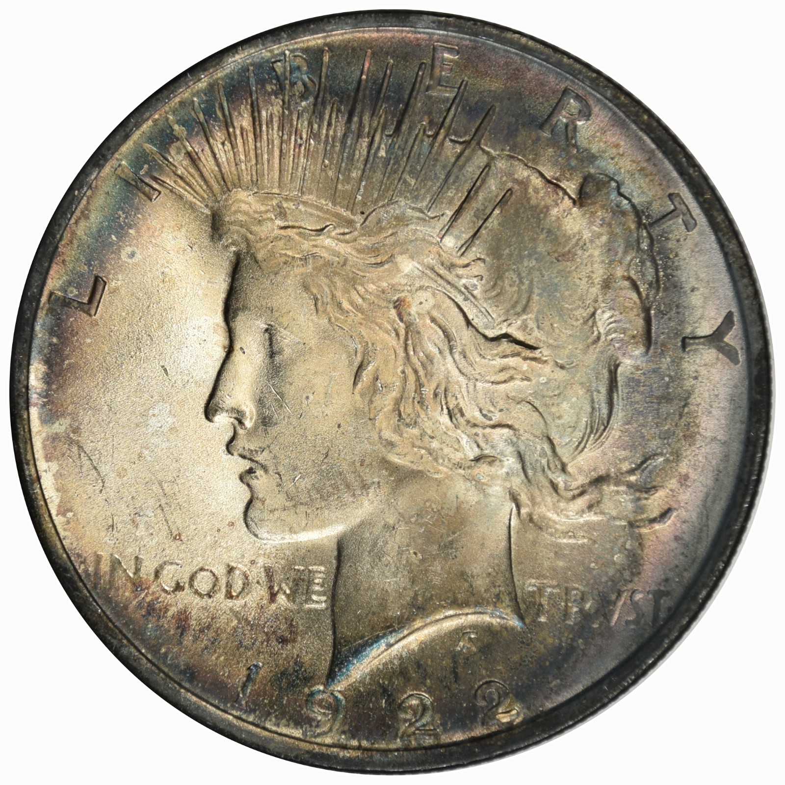 1922 Peace Dollar - Gem MS - Monster Target Toned Rainbow Album Toning! (Inv#121
