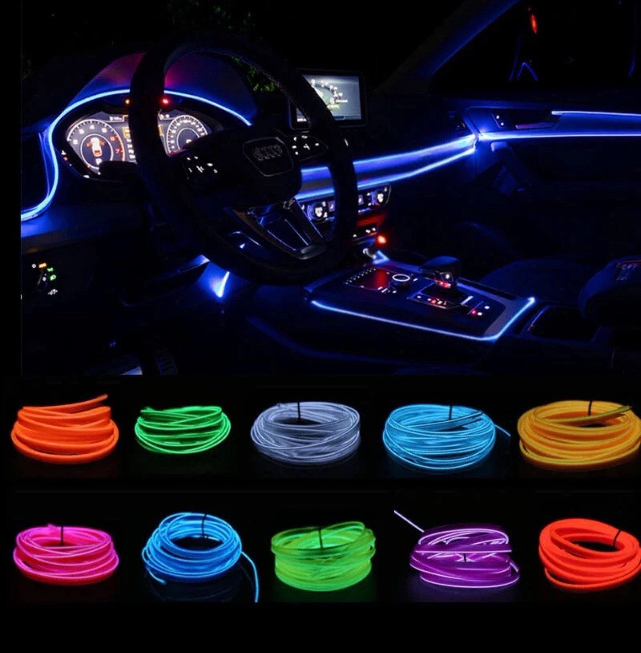 Luz EL Wire Azul Hielo 5M USB Tira LED Interior Auto Flexible Neon