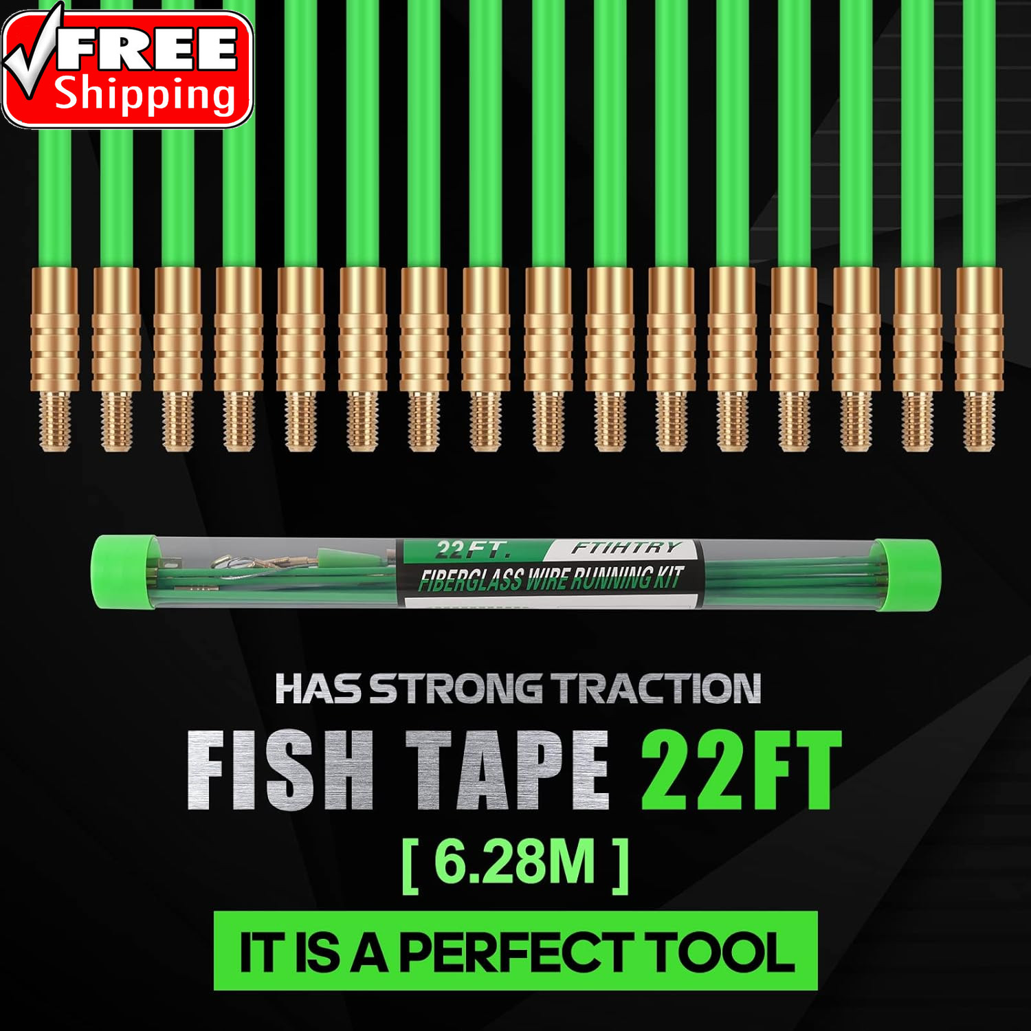 22FT Fiberglass Running Electrical Wire Cable Glow Rods Wire Pulling, Fish Rods