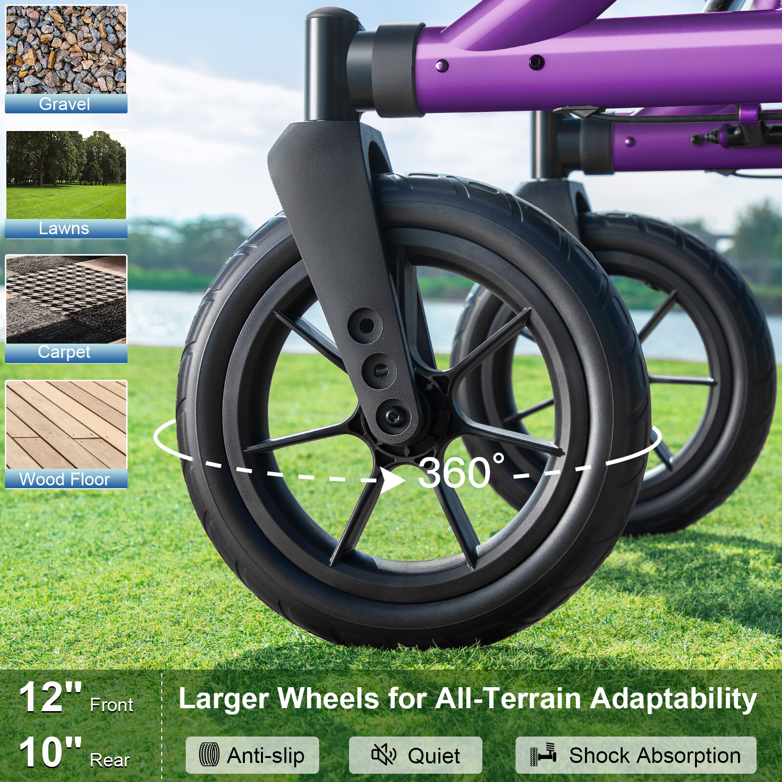 All-Terrain Rollator Walker with 12" Rubber Wheels, Seat & Backrest, Adjustable