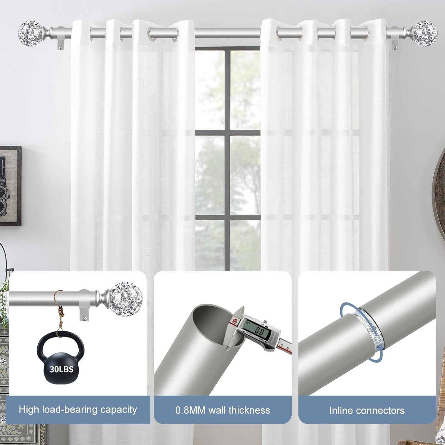 Decorative Curtain Rod with Crystal Finials Adjustable 18-45" Telescoping Silver