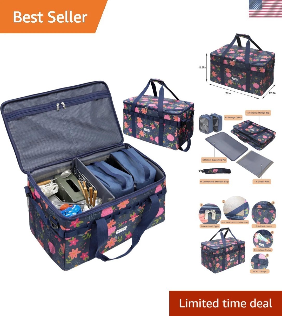Large 49L Water-Resistant Camping Organizer with Carrying Straps - Blue Floral