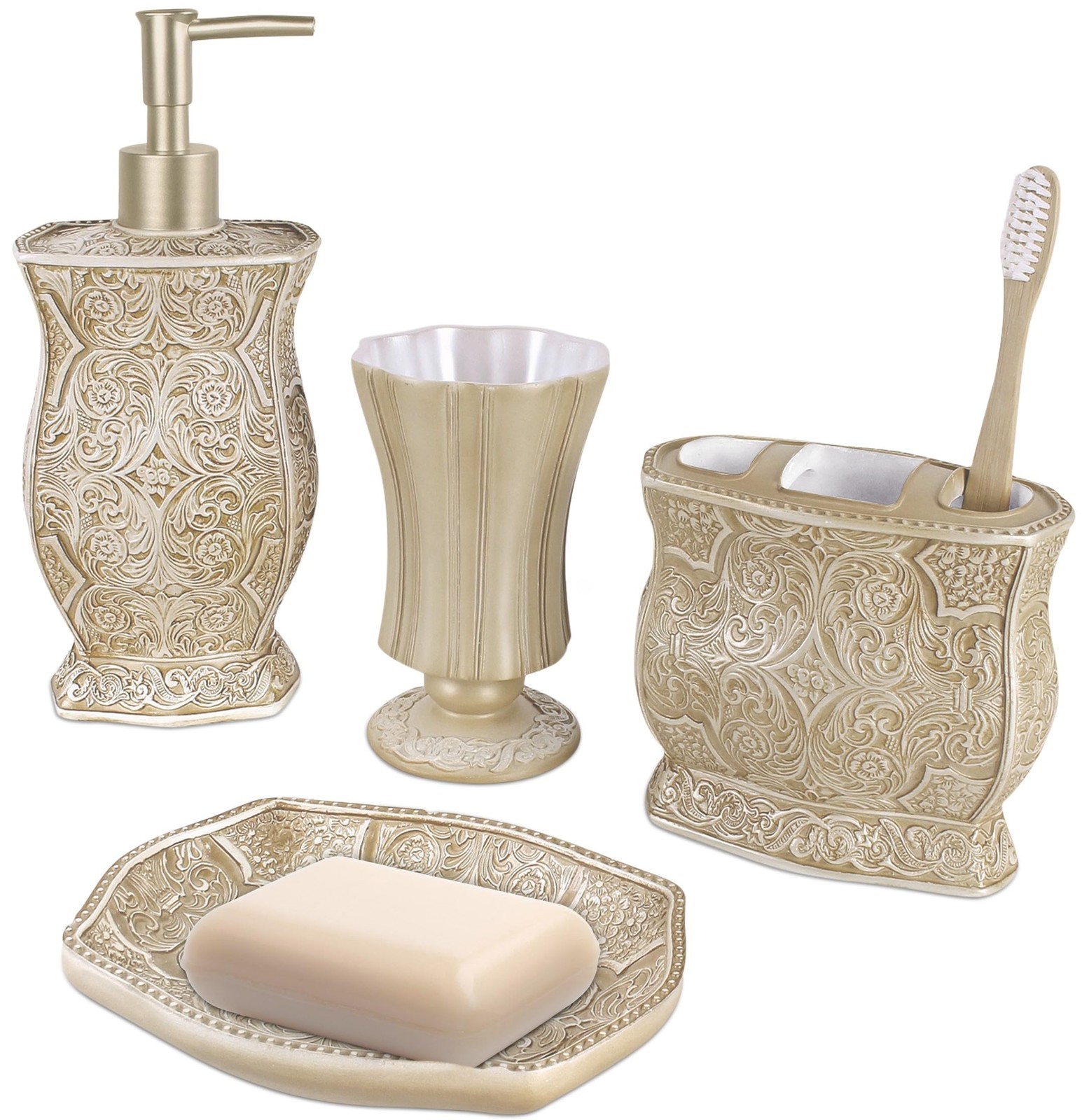 Victoria Beige Bathroom Set - Decorative Bathroom Accessory Set - 4 Piece Bat...