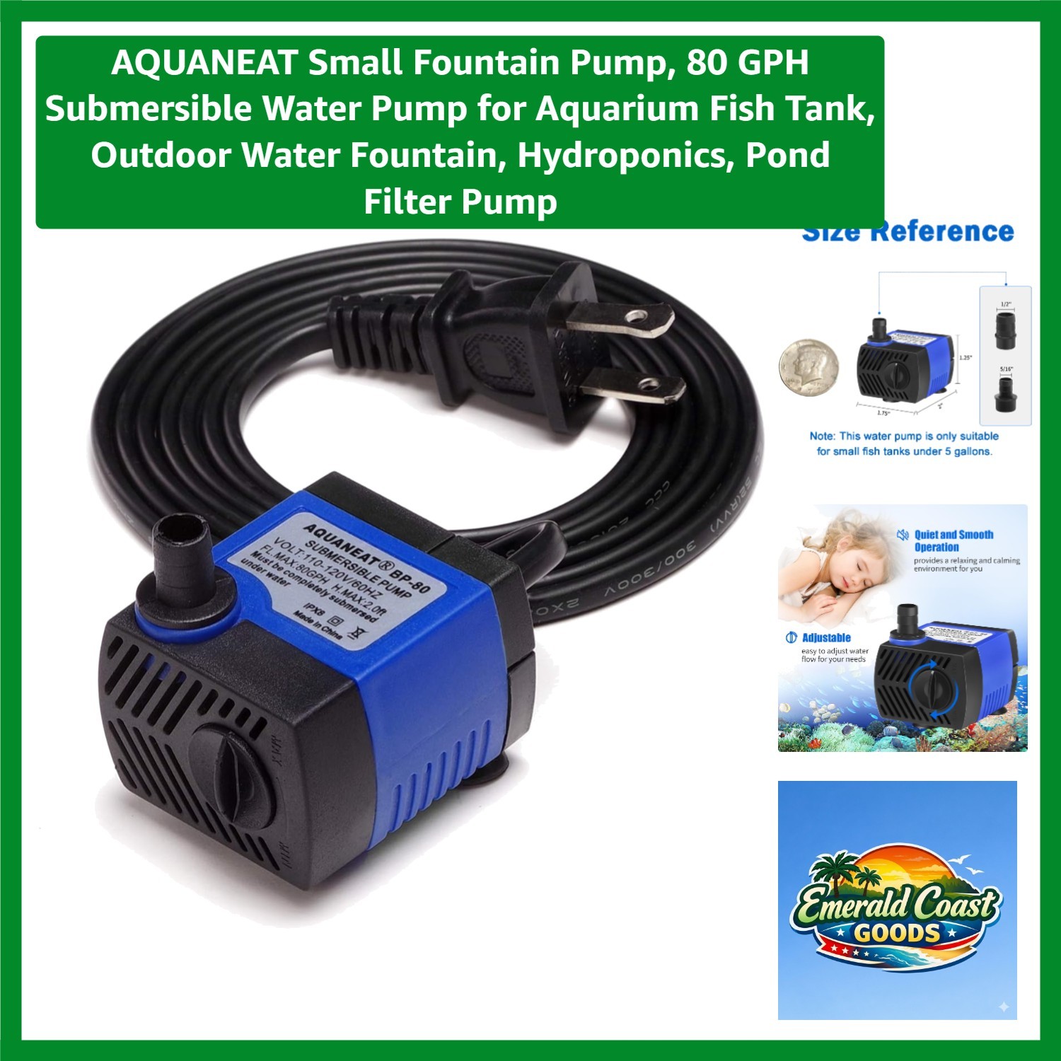 Elegant 80 GPH Submersible Pump for Aquariums & Water Fountains - Compact Design