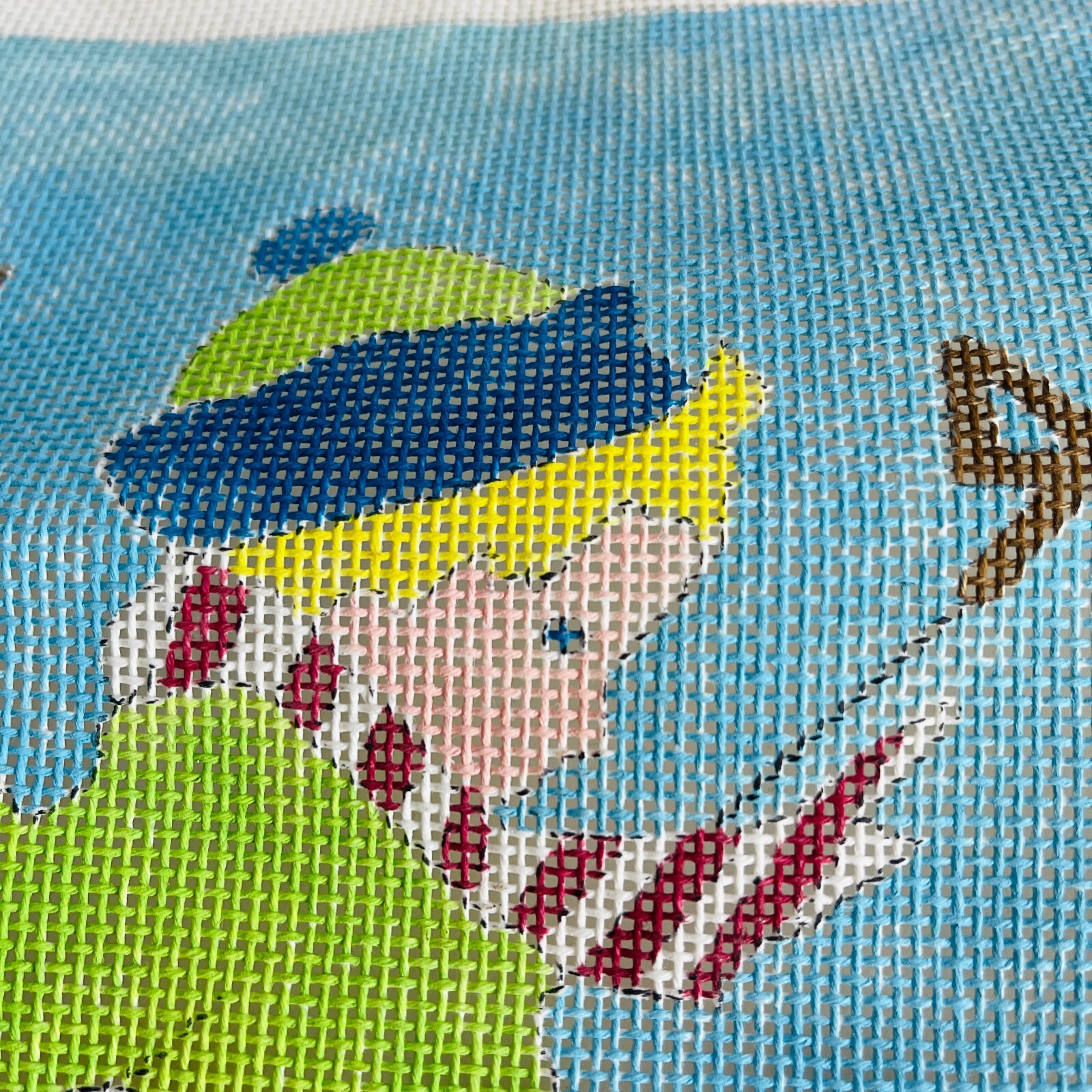 Hand Painted Needlepoint Pattern Canvas Boy Skiing Ski Scarf Blue Sky