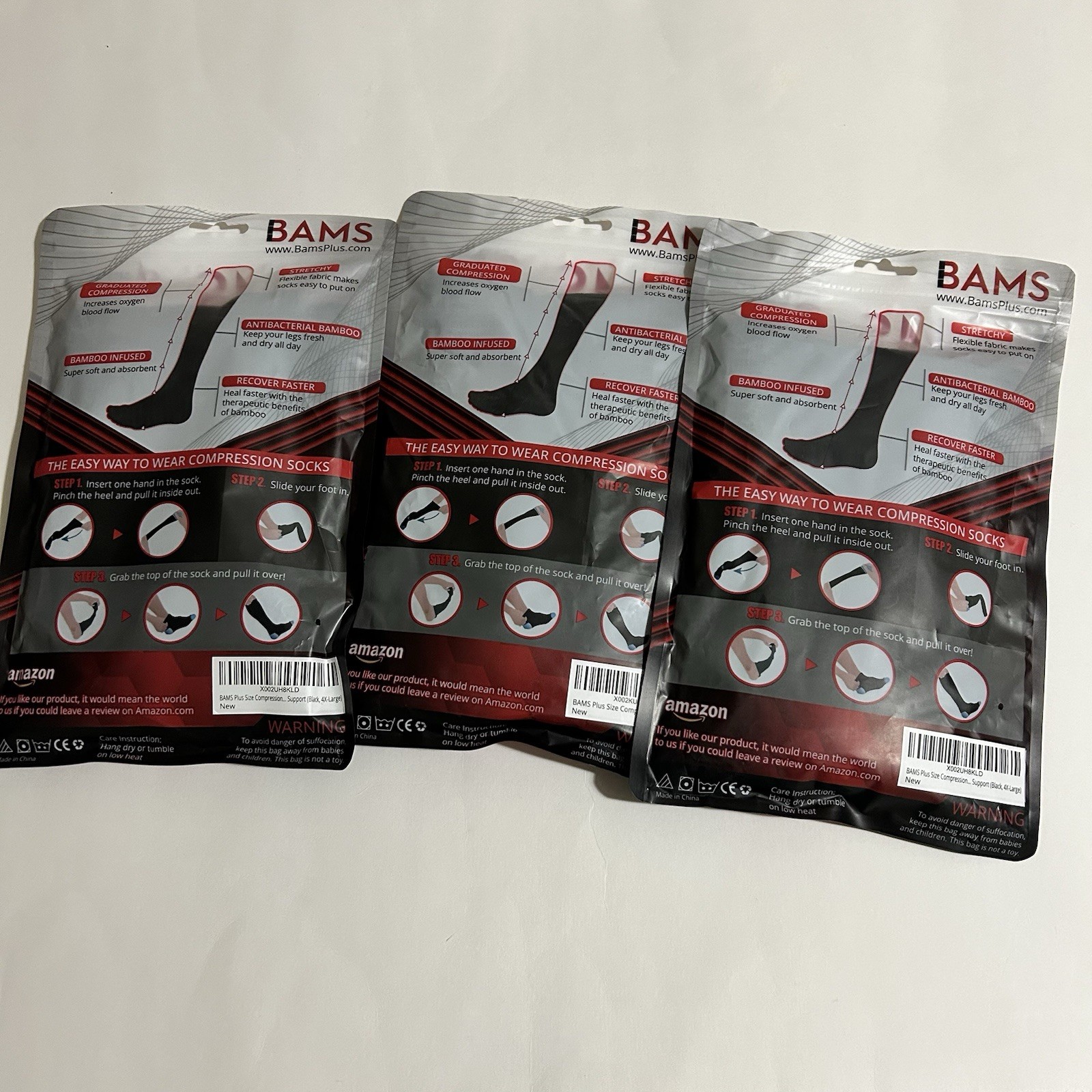 Lot Of 3 Bams Bamboo Plus Size Black Compression Long Socks (4XL) XXXXL Unisex