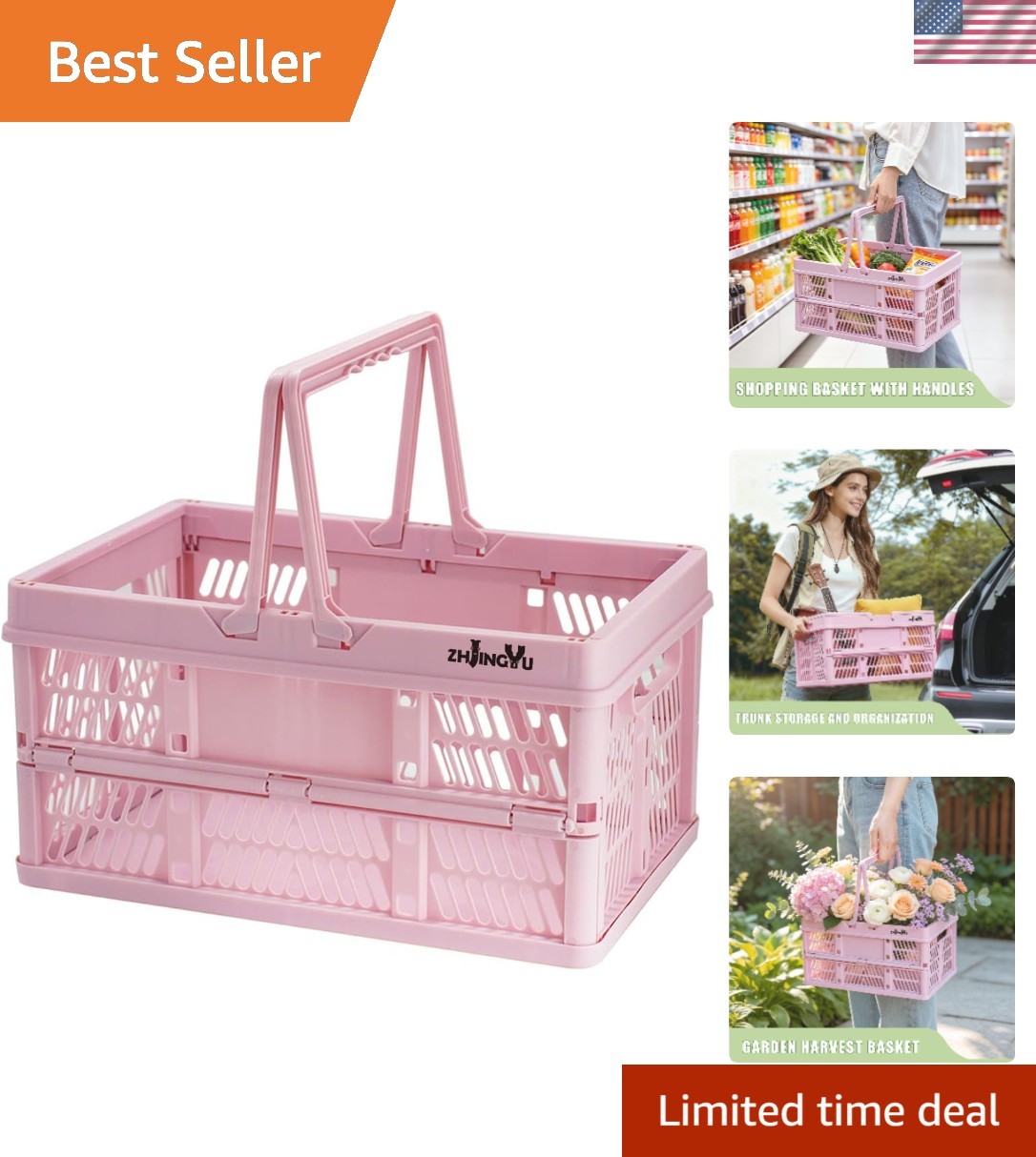 20L Pink Foldable Plastic Storage Crate Collapsible Shopping Basket | plastic...