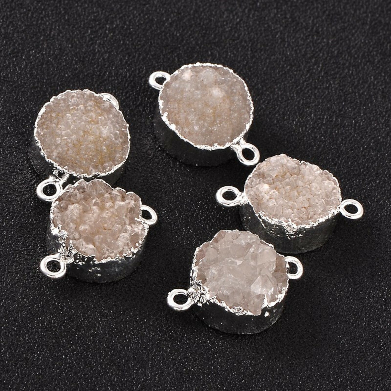 Druzy Quartz Link Connectors Natural Flat Round Plated 15~16mm wide 22~23mm,1 pc