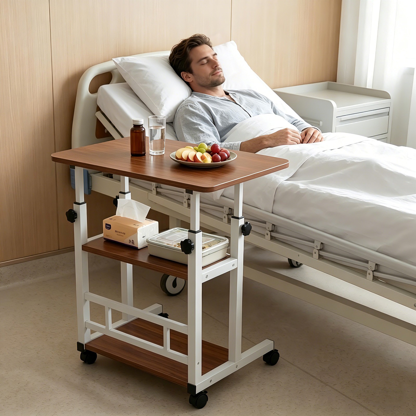 3-Tier Walnut Adjustable Nursing Bedside Table Simple Hospital Bedside Table