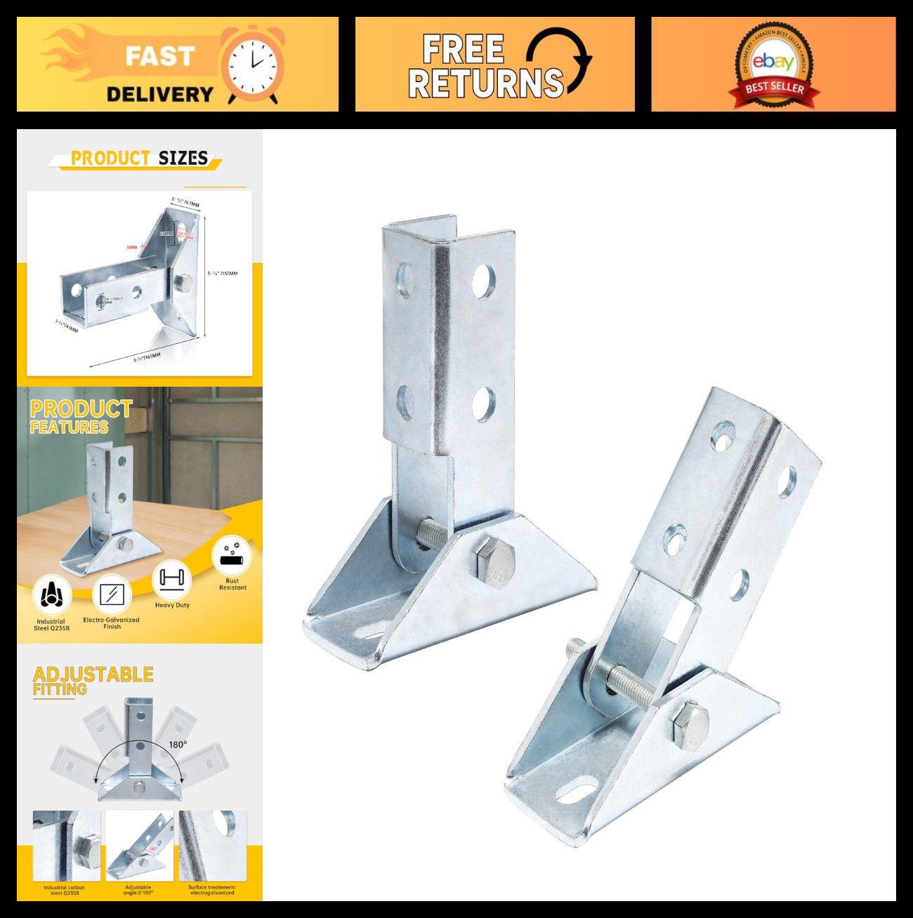 2 Pcs Heavy Duty Adjustable Brace Fitting, 1-5/8" Strut Base for Structural Supp