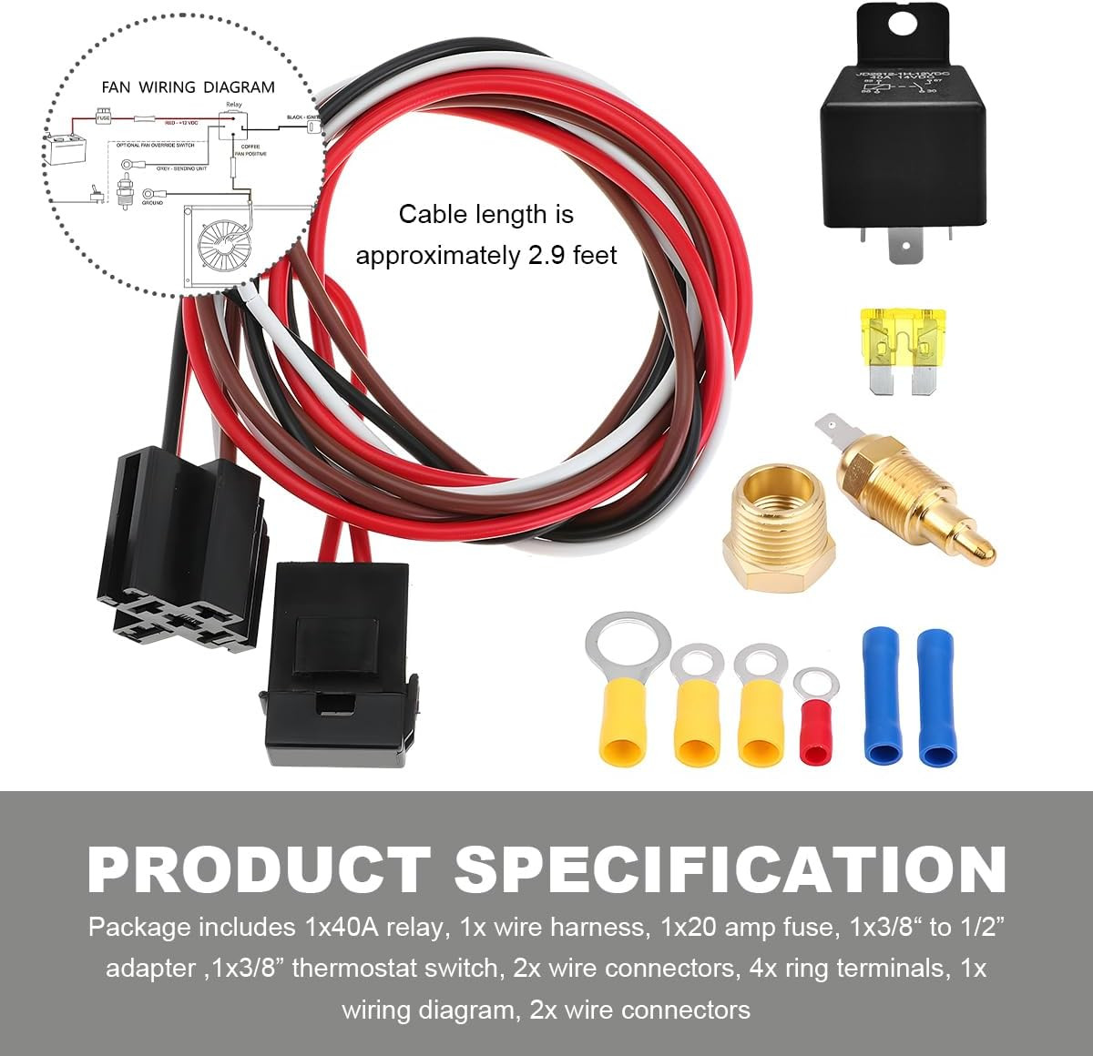 Electric Fan Relay Kit, 40 AMP Cooling Fan Relay Thermostat Kit Temperature S...