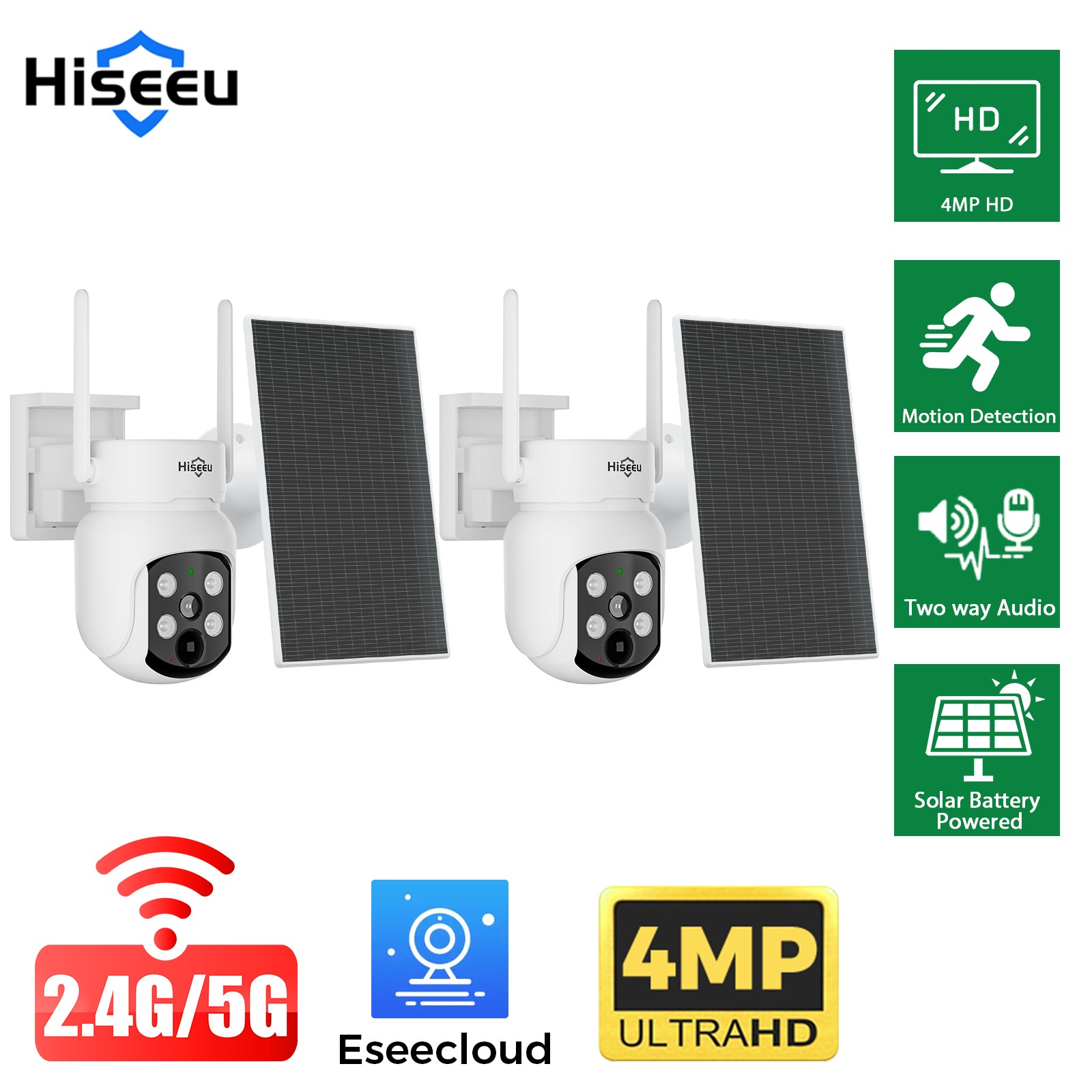 HISEEU Wireless Solar Security Camera 4MP Color Night Vision Human Detect Audio
