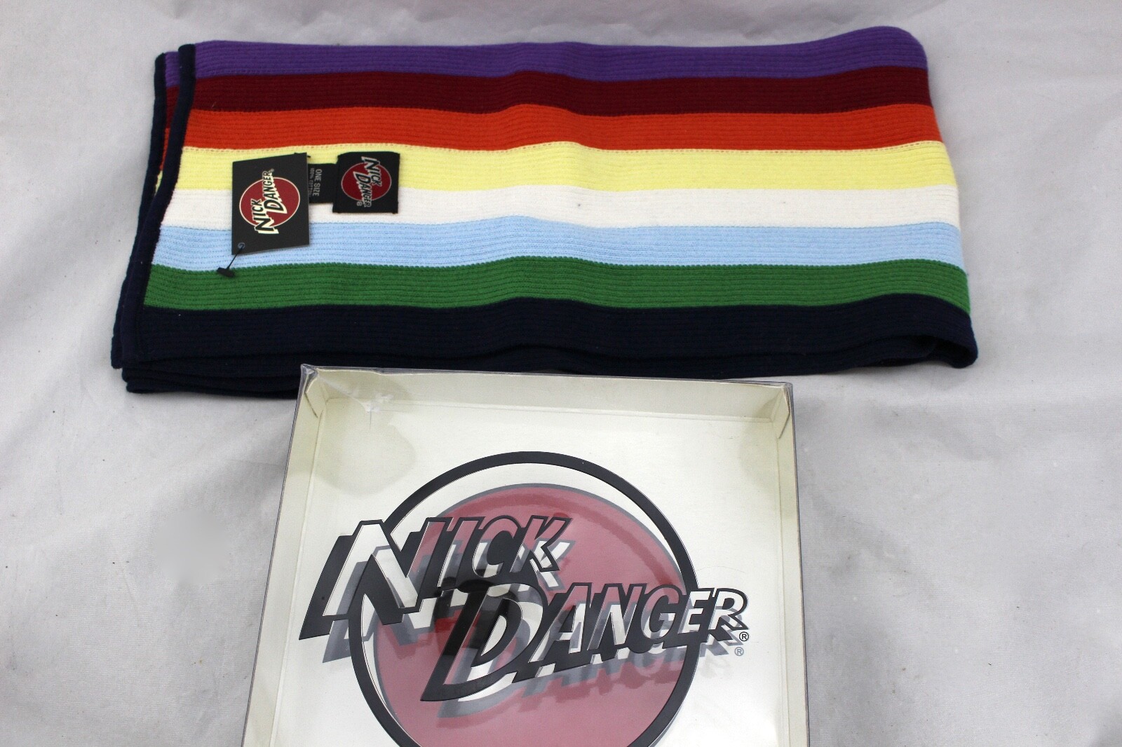 NICK DANGER Multi-Color Rainbow Striped 100% Cotton Scarf 72" x 8" NWT Boxed